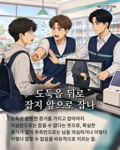 한국어 속담 “도둑을 뒤로 잡지 앞으로 잡나” 1컷 일러스트