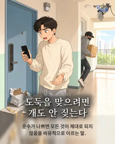 한국어 속담 “도둑을 맞으려면 개도 안 짖는다” 1컷 일러스트