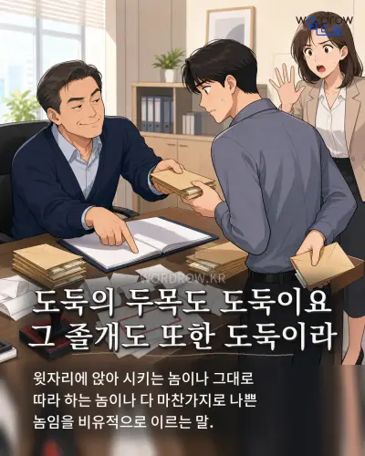 한국어 속담 “도둑의 두목도 도둑이요 그 졸개도 또한 도둑이라” 1컷 일러스트