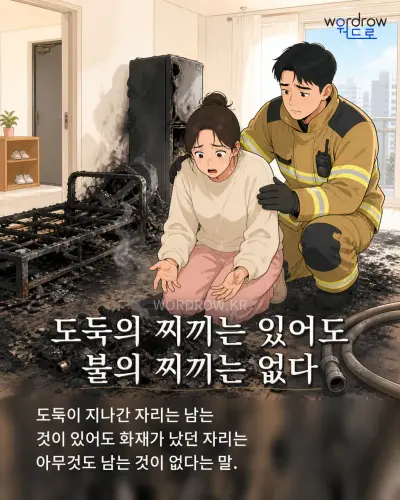 한국어 속담 “도둑의 찌끼는 있어도 불의 찌끼는 없다” 1컷 일러스트