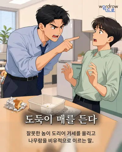 한국어 속담 “도둑이 매를 든다” 1컷 일러스트