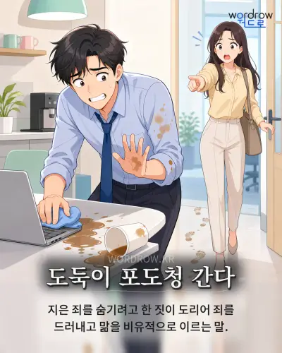 한국어 속담 “도둑이 포도청 간다”를 한 장면으로 담은 1컷 일러스트