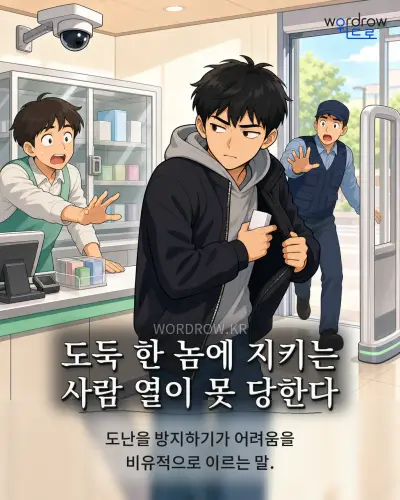 한국어 속담 “도둑 한 놈에 지키는 사람 열이 못 당한다” 1컷 일러스트