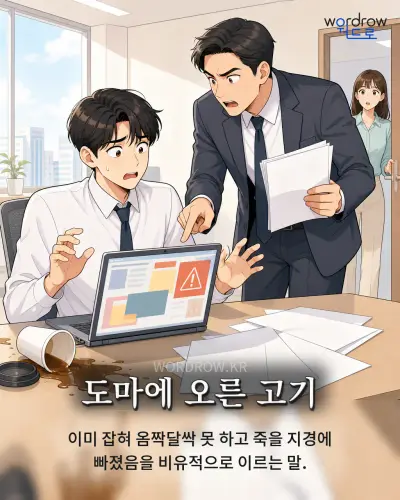 한국어 속담 “도마에 오른 고기” 1컷 일러스트