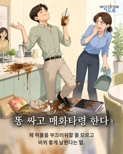한국어 속담 “똥 싸고 매화타령 한다” 1컷 일러스트
