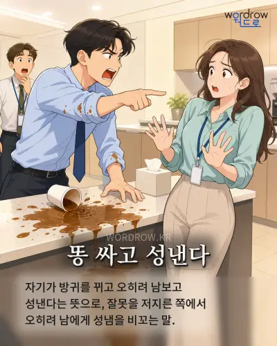 한국어 속담 “똥 싸고 성낸다” 1컷 일러스트