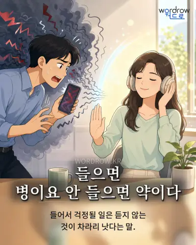 한국어 속담 “들으면 병이요 안 들으면 약이다” 1컷 일러스트