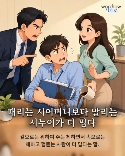 한국어 속담 “때리는 시어머니보다 말리는 시누이가 더 밉다” 1컷 일러스트