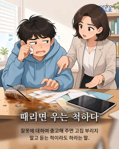 한국어 속담 “때리면 우는 척하다”를 한 장면으로 담은 1컷 일러스트