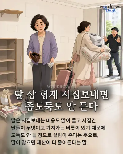 한국어 속담 “딸 삼 형제 시집보내면 좀도둑도 안 든다” 1컷 일러스트