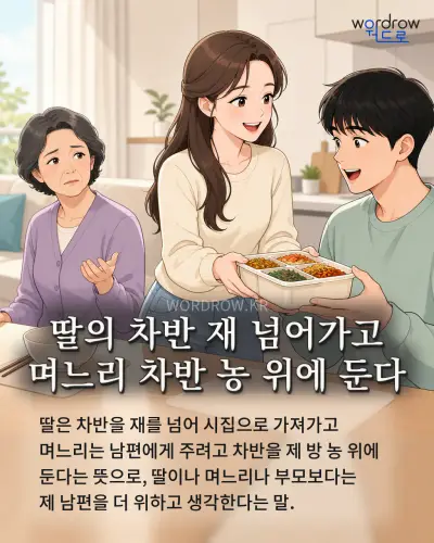 한국어 속담 “딸의 차반 재 넘어가고 며느리 차반 농 위에 둔다” 1컷 일러스트