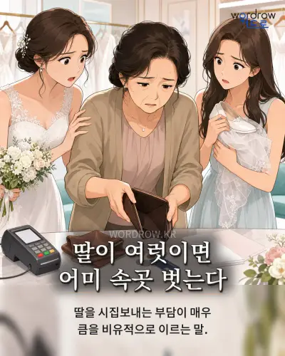 한국어 속담 “딸이 여럿이면 어미 속곳 벗는다” 1컷 일러스트