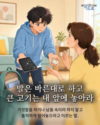 한국어 속담 “말은 바른대로 하고 큰 고기는 내 앞에 놓아라” 1컷 일러스트