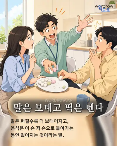 한국어 속담 “말은 보태고 떡은 뗀다” 1컷 일러스트