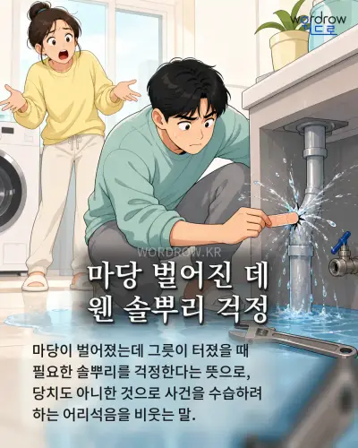 한국어 속담 “마당 벌어진 데 웬 솔뿌리 걱정” 1컷 일러스트