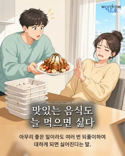 한국어 속담 “맛있는 음식도 늘 먹으면 싫다” 1컷 일러스트