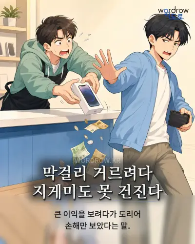 한국어 속담 “막걸리 거르려다 지게미도 못 건진다” 1컷 일러스트
