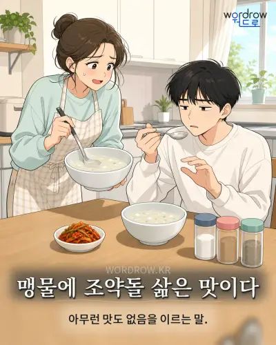 한국어 속담 “맹물에 조약돌 삶은 맛이다” 1컷 일러스트