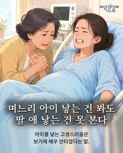 한국어 속담 “며느리 아이 낳는 건 봐도 딸 애 낳는 건 못 본다” 1컷 일러스트