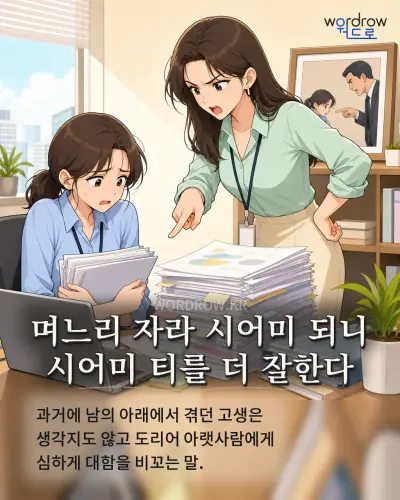 한국어 속담 “며느리 자라 시어미 되니 시어미 티를 더 잘한다” 1컷 일러스트