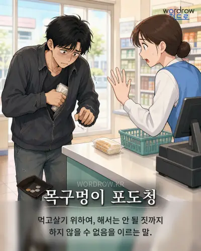 한국어 속담 “목구멍이 포도청” 1컷 일러스트