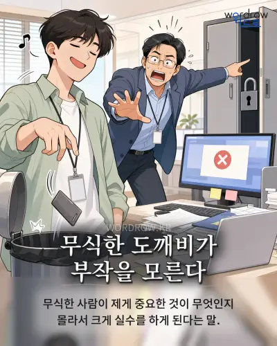 한국어 속담 “무식한 도깨비가 부작을 모른다”를 한 장면으로 담은 1컷 일러스트