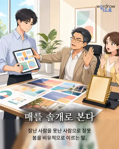 한국어 속담 “매를 솔개로 본다” 1컷 일러스트