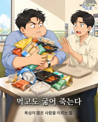 한국어 속담 “먹고도 굶어 죽는다” 1컷 일러스트