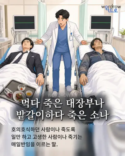 한국어 속담 “먹다 죽은 대장부나 밭갈이하다 죽은 소나” 1컷 일러스트