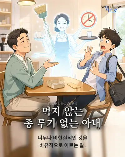 한국어 속담 “먹지 않는 종 투기 없는 아내” 1컷 일러스트
