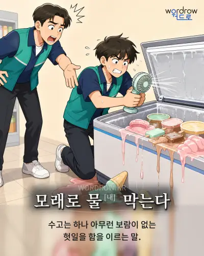 한국어 속담 “모래로 물 막는다” 1컷 일러스트