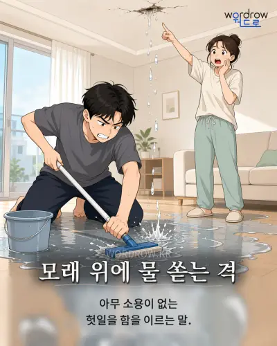 한국어 속담 “모래 위에 물 쏟는 격” 1컷 일러스트