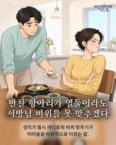 한국어 속담 “반찬 항아리가 열둘이라도 서방님 비위를 못 맞추겠다” 1컷 일러스트