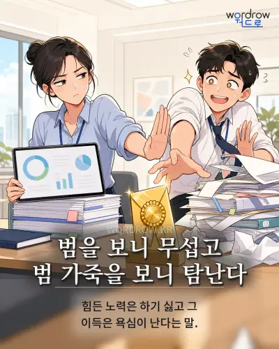 한국어 속담 “범을 보니 무섭고 범 가죽을 보니 탐난다” 1컷 일러스트