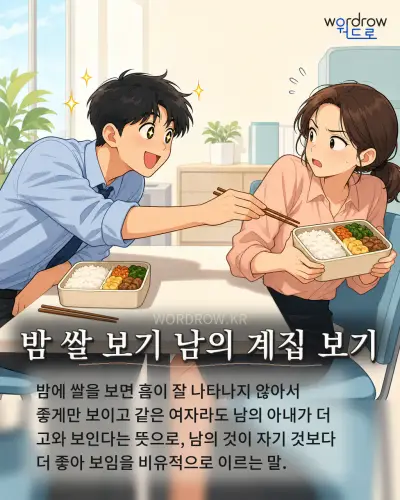 한국어 속담 “밤 쌀 보기 남의 계집 보기” 1컷 일러스트