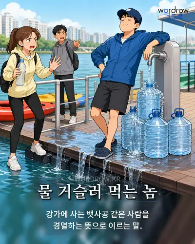 한국어 속담 “물 거슬러 먹는 놈”를 한 장면으로 담은 1컷 일러스트
