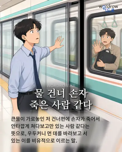 한국어 속담 “물 건너 손자 죽은 사람 같다” 1컷 일러스트