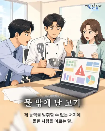 한국어 속담 “물 밖에 난 고기” 1컷 일러스트