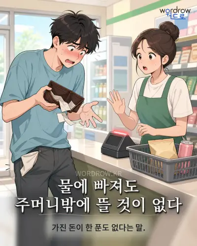 한국어 속담 “물에 빠져도 주머니밖에 뜰 것이 없다” 1컷 일러스트