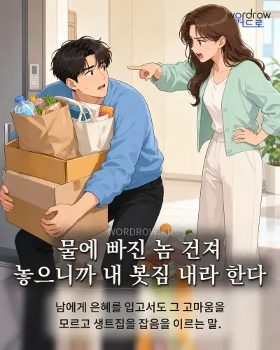 한국어 속담 “물에 빠진 놈 건져 놓으니까 내 봇짐 내라 한다” 1컷 일러스트