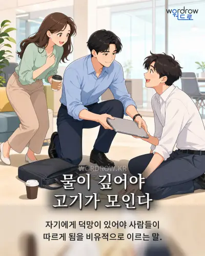 한국어 속담 “물이 깊어야 고기가 모인다” 1컷 일러스트