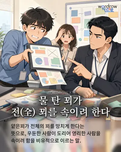 한국어 속담 “물 탄 꾀가 전(全) 꾀를 속이려 한다” 1컷 일러스트