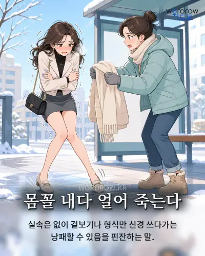 한국어 속담 “몸꼴 내다 얼어 죽는다” 1컷 일러스트