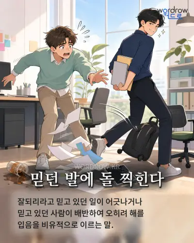 한국어 속담 “믿던 발에 돌 찍힌다” 1컷 일러스트