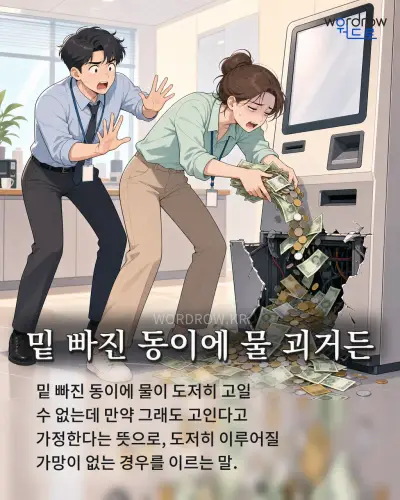 한국어 속담 “밑 빠진 동이에 물 괴거든” 1컷 일러스트