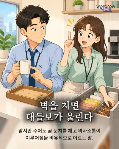 한국어 속담 “벽을 치면 대들보가 울린다” 1컷 일러스트