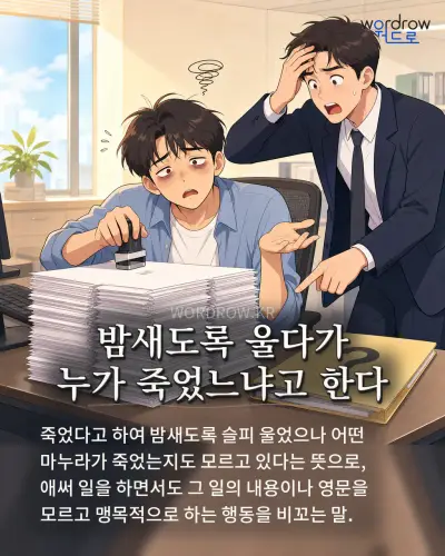 한국어 속담 “밤새도록 울다가 누가 죽었느냐고 한다” 1컷 일러스트