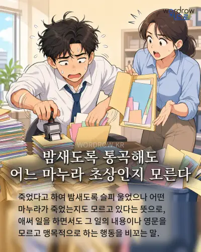 한국어 속담 “밤새도록 통곡해도 어느 마누라 초상인지 모른다”를 한 장면으로 담은 1컷 일러스트