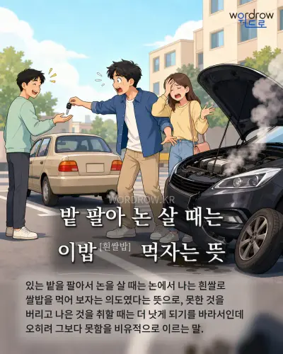 한국어 속담 “밭 팔아 논 살 때는 이밥 먹자는 뜻” 1컷 일러스트