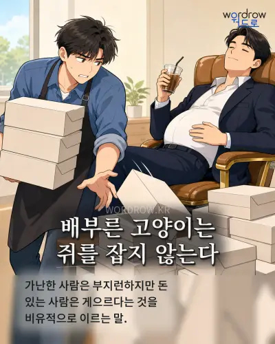 한국어 속담 “배부른 고양이는 쥐를 잡지 않는다” 1컷 일러스트